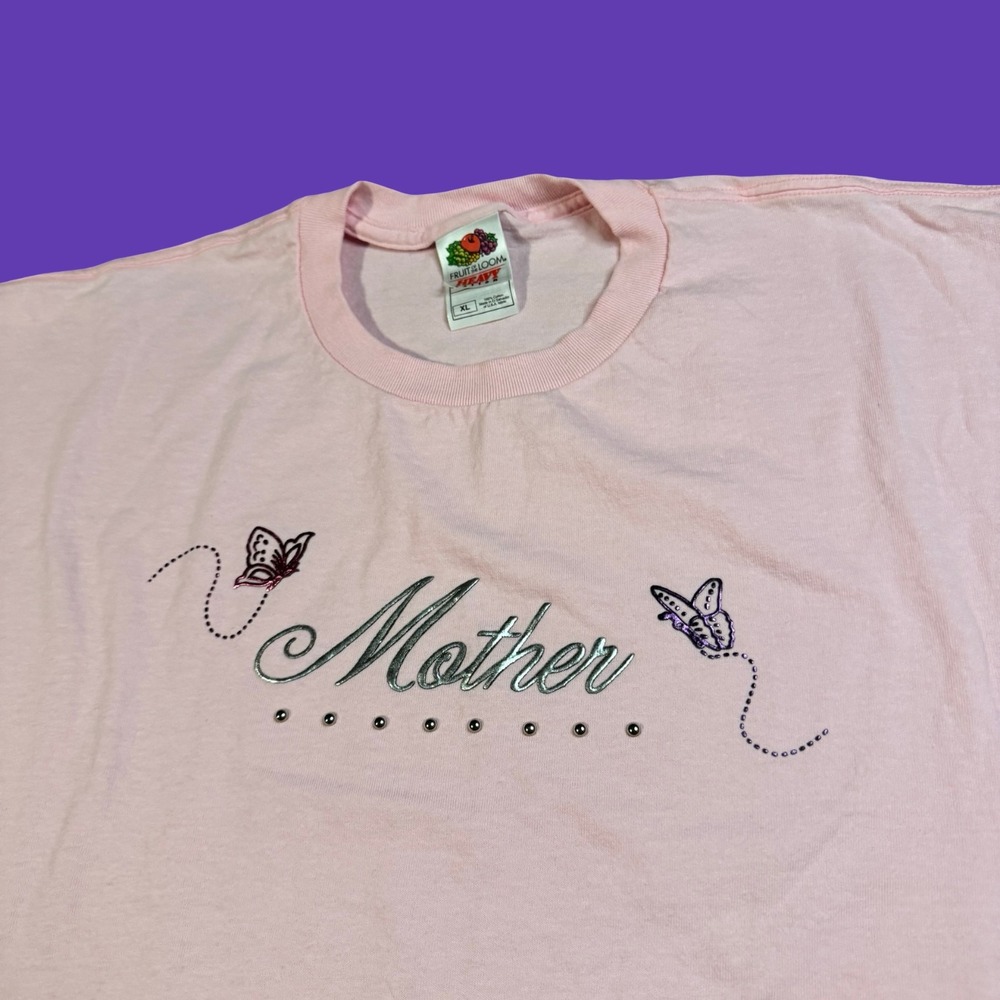 Vintage Mother Pink T Shirt XL Studded Metallic Logo Butterfly Y2K Cotton